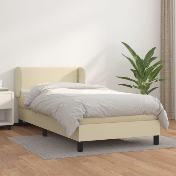 Pat box spring cu saltea, crem, 90×200 cm, piele ecologică