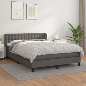 Pat box spring cu saltea, gri, 140×200 cm, piele ecologică