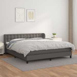 Pat cu arcuri, cu saltea, gri, 180×200 cm, piele ecologică