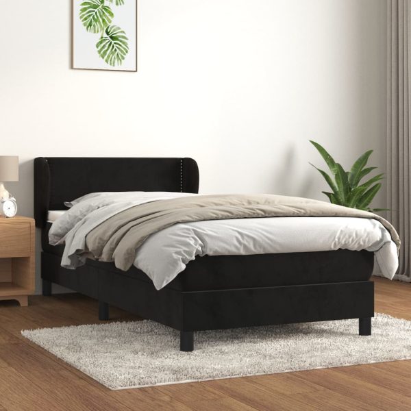 Pat box spring cu saltea, negru, 90×200 cm, catifea