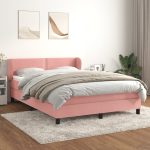 Pat box spring cu saltea, roz, 140×190 cm, catifea