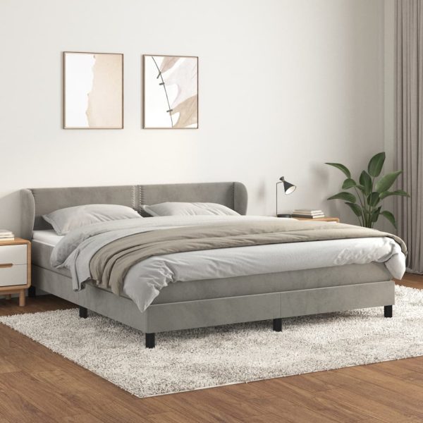 Pat box spring cu saltea, gri deschis, 180×200 cm, catifea