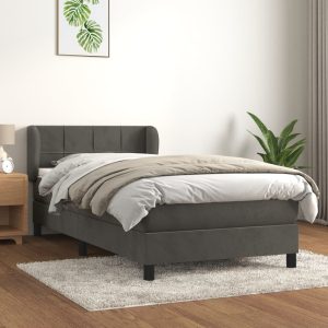 Pat box spring cu saltea, gri închis, 80×200 cm, catifea