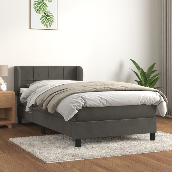 Pat box spring cu saltea, gri închis, 90×200 cm, catifea