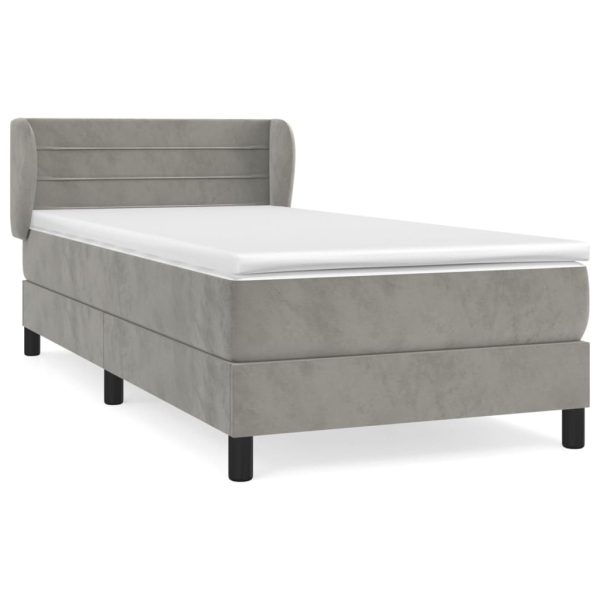 Pat box spring cu saltea, gri deschis, 90×190 cm, catifea