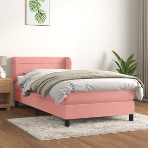 Pat box spring cu saltea, roz, 90×190 cm, catifea
