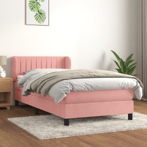 Pat box spring cu saltea, roz, 80×200 cm, catifea
