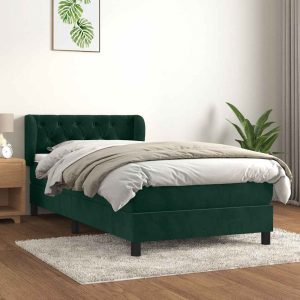 Pat box spring cu saltea, verde închis, 90×200 cm, catifea