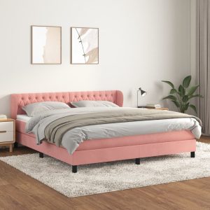 Pat box spring cu saltea, roz, 160×200 cm, catifea