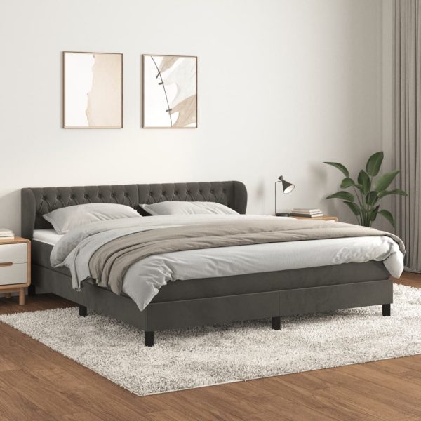 Pat box spring cu saltea, gri închis, 180×200 cm, catifea