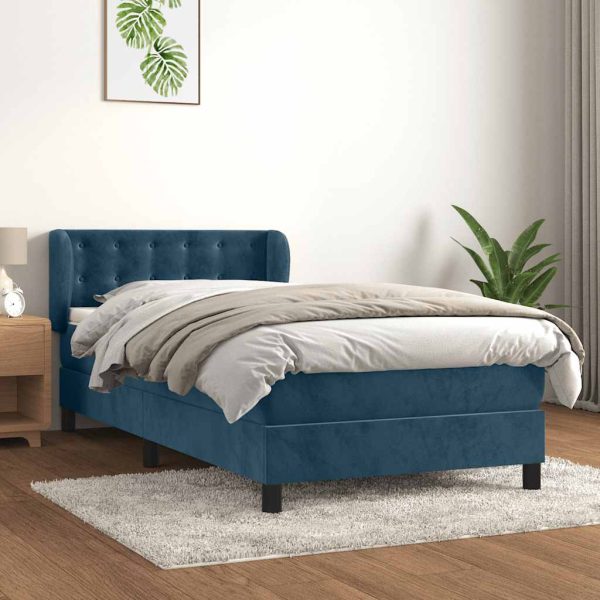 Pat box spring cu saltea, albastru închis, 80×200 cm, catifea
