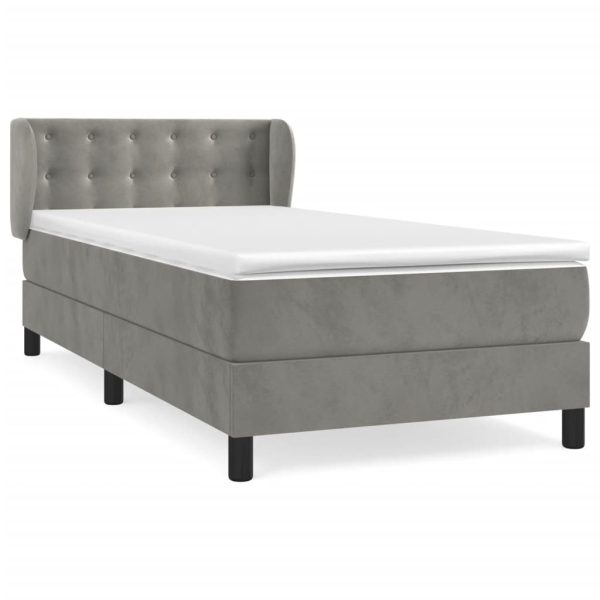Pat box spring cu saltea, gri deschis, 90×190 cm, catifea