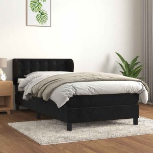 Pat box spring cu saltea, negru, 100×200 cm, catifea