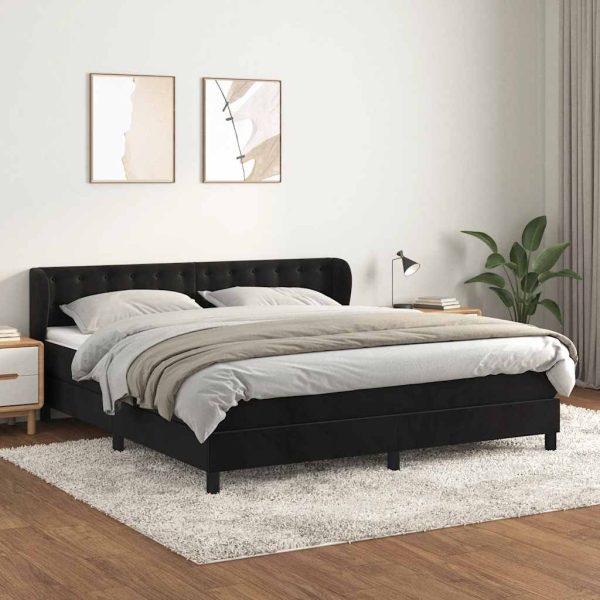Pat box spring cu saltea, negru, 160×200 cm, catifea