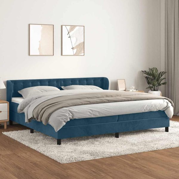 Pat box spring cu saltea, albastru închis, 200×200 cm, catifea