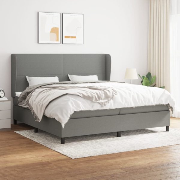 Pat box spring cu saltea, gri închis, 200×200 cm, textil