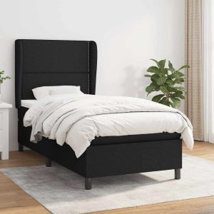 Pat box spring cu saltea, negru, 90×190 cm, textil