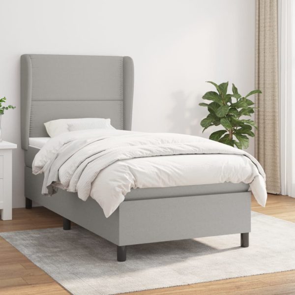 Pat box spring cu saltea, gri deschis, 90×200 cm, textil