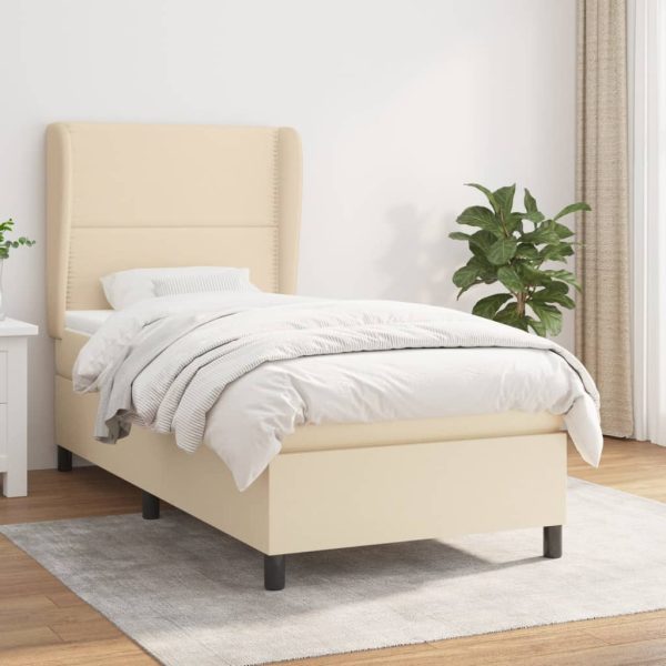 Pat box spring cu saltea, crem, 100×200 cm, textil