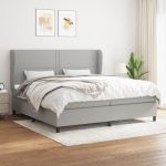 Pat box spring cu saltea, gri deschis, 200×200 cm, textil