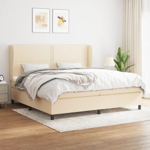 Pat box spring cu saltea, crem, 200×200 cm, textil