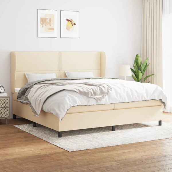 Pat box spring cu saltea, crem, 200×200 cm, textil