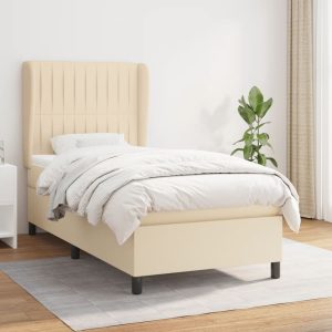 Pat box spring cu saltea, crem, 90×190 cm, textil