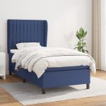 Pat box spring cu saltea, albastru, 90×200 cm, textil