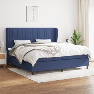 Pat box spring cu saltea, albastru, 200×200 cm, textil