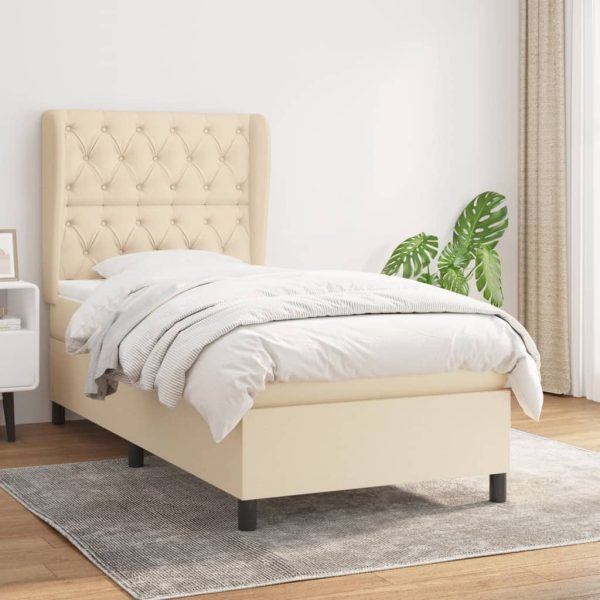 Pat box spring cu saltea, crem, 80×200 cm, textil