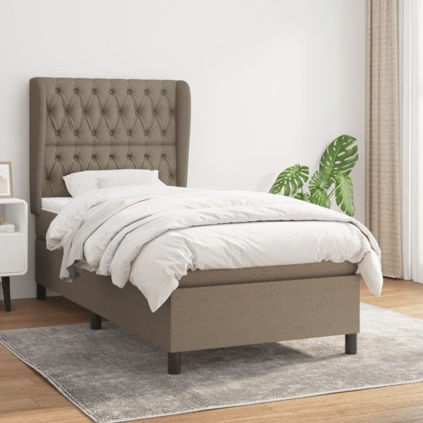 Pat box spring cu saltea, gri taupe, 90×190 cm, textil