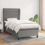 Pat box spring cu saltea, gri închis, 90×200 cm, textil