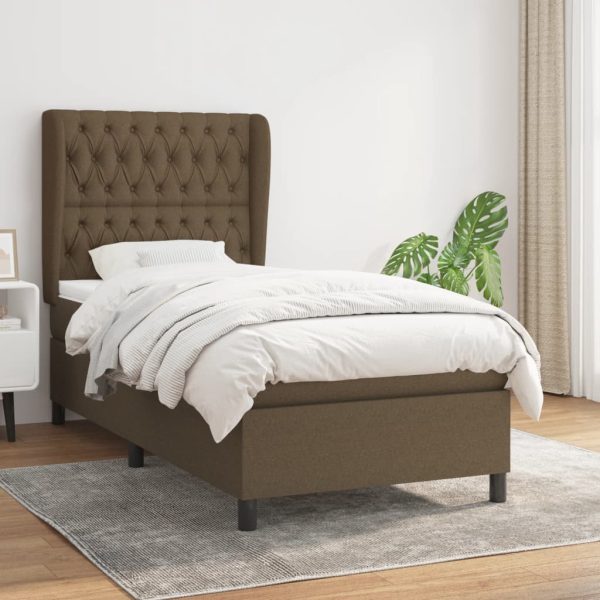 Pat box spring cu saltea, maro închis, 90×200 cm, textil