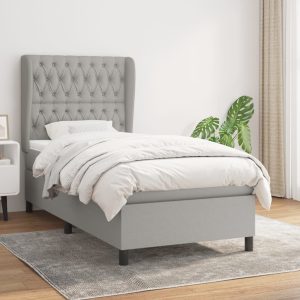 Pat box spring cu saltea, gri deschis, 100×200 cm, textil
