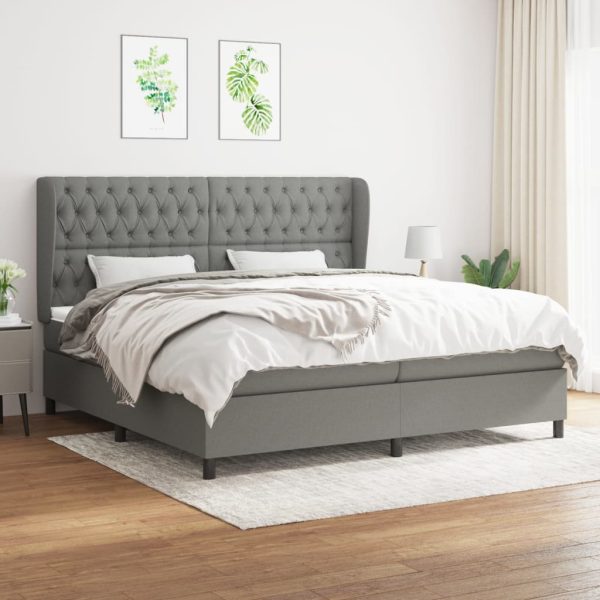 Pat box spring cu saltea, gri închis, 200×200 cm, textil