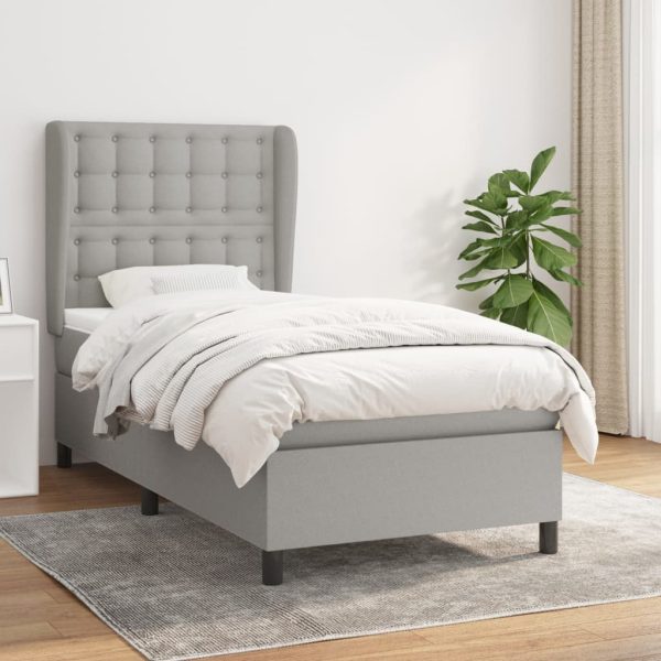 Pat box spring cu saltea, gri deschis, 90×190 cm, textil