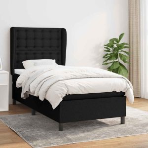 Pat box spring cu saltea, negru, 90×190 cm, textil
