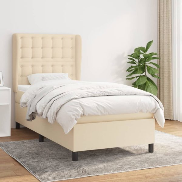 Pat box spring cu saltea, crem, 90×200 cm, textil