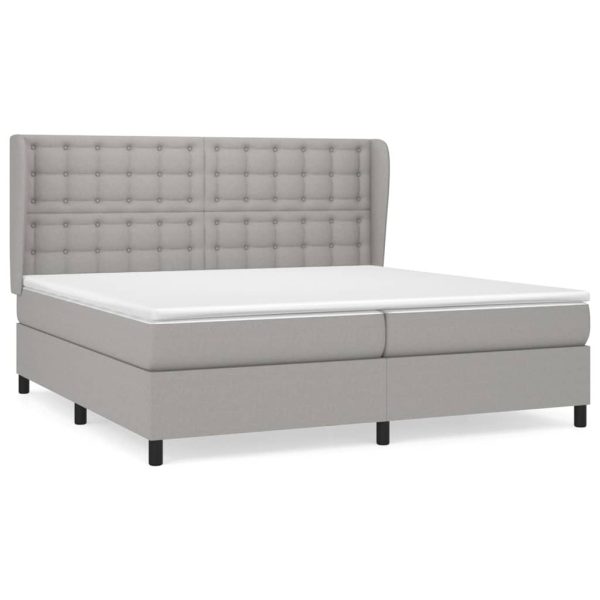 Pat box spring cu saltea, gri deschis, 200×200 cm, textil
