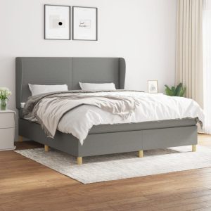 Pat box spring cu saltea, gri închis, 180×200 cm, textil