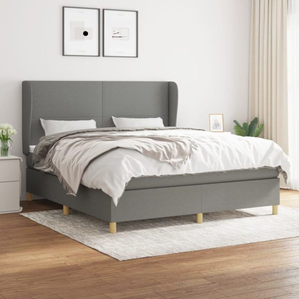 Pat box spring cu saltea, gri închis, 180×200 cm, textil