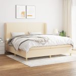 Pat box spring cu saltea, crem, 200×200 cm, textil