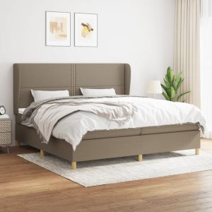 Pat box spring cu saltea, gri taupe, 200×200 cm, textil