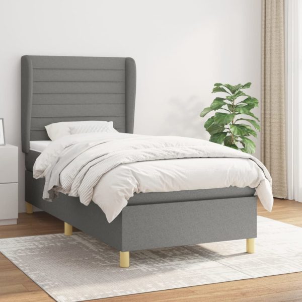 Pat box spring cu saltea, gri închis, 90×200 cm, textil