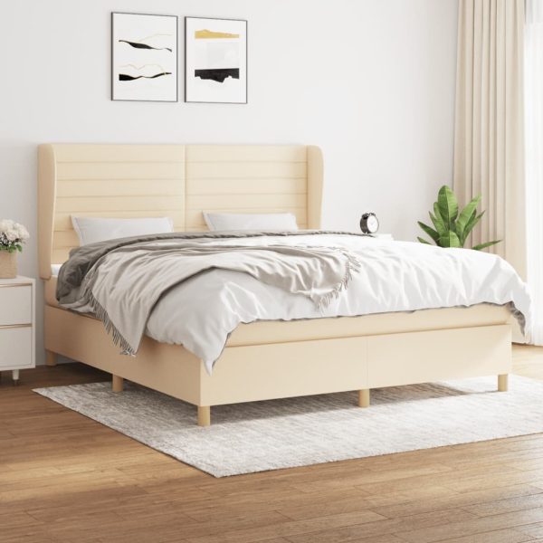 Pat box spring cu saltea, crem, 160×200 cm, material textil