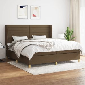 Pat box spring cu saltea, maro închis, 200×200 cm, textil