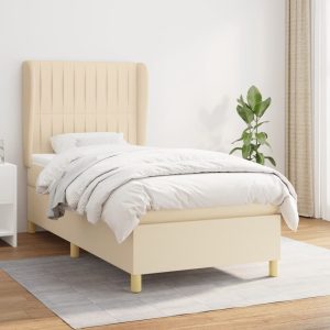 Pat box spring cu saltea, crem, 100×200 cm, textil