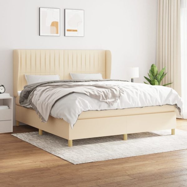 Pat box spring cu saltea, crem, 160×200 cm, material textil