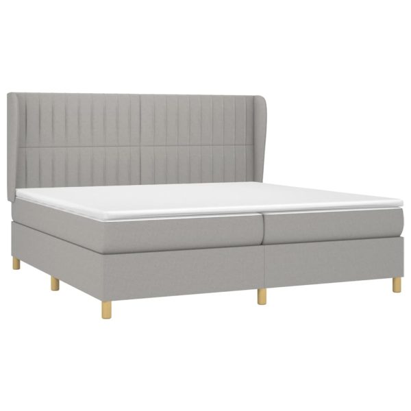 Pat box spring cu saltea, gri deschis, 200×200 cm, textil