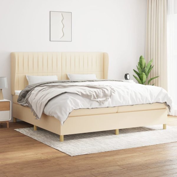 Pat box spring cu saltea, crem, 200×200 cm, textil